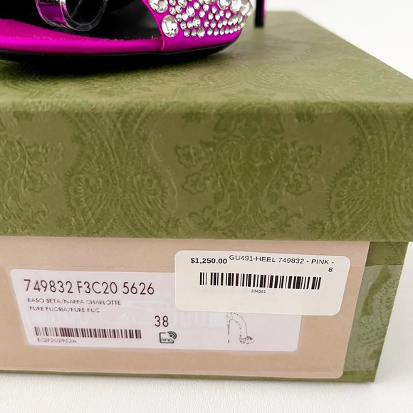 New GUCCI Crystal GG Embellished Hot Pink Fuchsia Satin Heel Sandal Ankle Strap - Picture 14 of 14